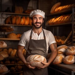 portrait of a happy 30-year-old baker standing in the middle of his bakery with bread in his hands