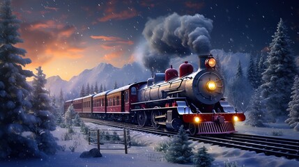 Christmas train against the backdrop of a winter landscape - obrazy, fototapety, plakaty