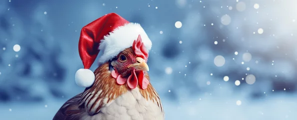 Poster Chicken in christmas santa hat on festive background © Daria17
