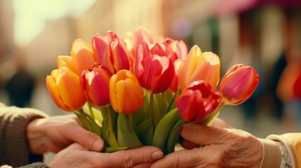 Beautiful tulips in the hands of a pensioner