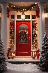 Fototapeta na wymiar Red front door decorated with Christmas wreath and candles in front of the house.