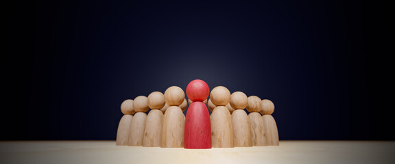 Leadership,talent,promotion,recruit,courage,Talented worker,promote,leader concept.Red wood man steps out of row line.Hiring by competition among candidates.Leadership in job class on job interview