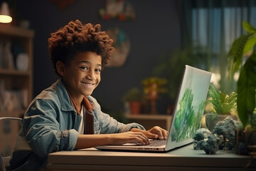 Fototapeta na wymiar Little African American boy learns to code at home online. Programming and coding training, distance learning, home learning