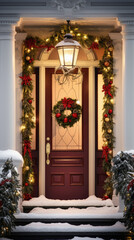 Fototapeta premium Wooden front door decorated with Christmas wreath and garland.