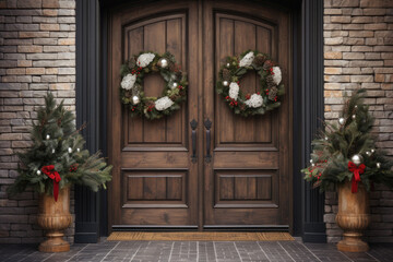 Of wooden door with christmas wreath on brick wall.