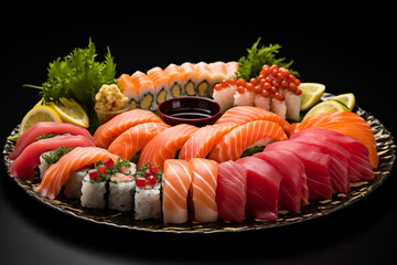 An artfully arranged plate of sushi, showcasing the delicate slices of fresh sashimi and rolls featuring various seafood.