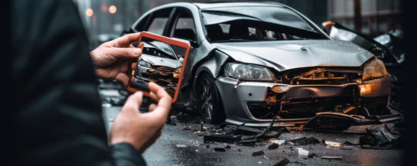 Fotobehang Car accident with major damage. vehicle crash phone photography for insurance. Man hand takes pictures of damage car after accident with smartphone. © Michal