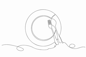 A continuous one line of dishware, Spoon, dish, fork, Cartoon doodle hand drawing isolated on white background, Vector Illustration design 