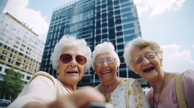 Happiness Knows No Age - Happy Grannies in the City: Group of Grandmas tourists Smiles and Selfies with Skyscrapers on phone.