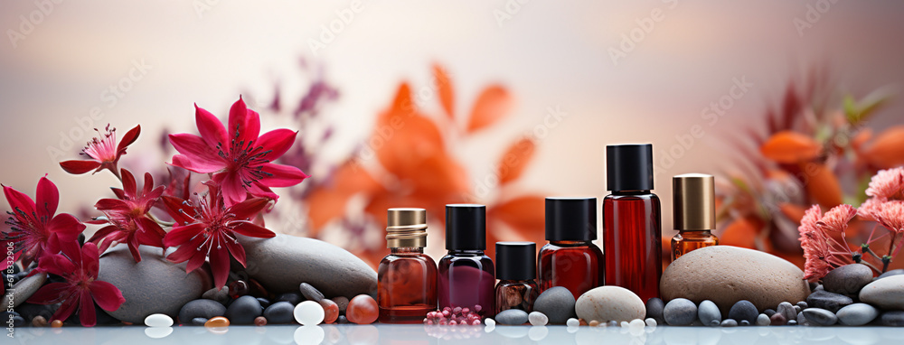 Wall mural Wide horizontal beauty products banner with colorful cosmetic products in white background with natural ball stones for mockup   