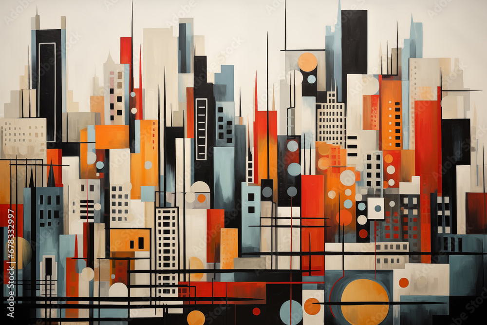 Poster An abstract interpretation of a city skyline, with buildings transformed into geometric shapes and patterns.