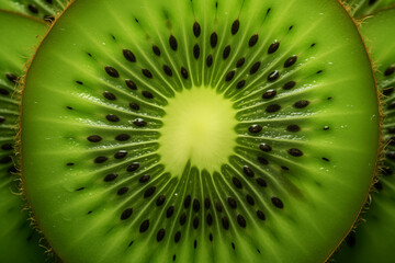 An overhead shot of a halved kiwi, revealing the small, black seeds scattered throughout the juicy green flesh.