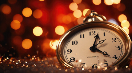 Fototapeta na wymiar New Year's clock on bokeh background, close-up.