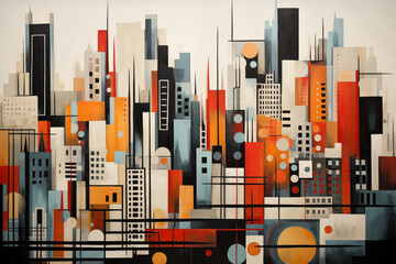 Obraz premium An abstract interpretation of a city skyline, with buildings transformed into geometric shapes and patterns.