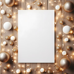 poster mockup paper with christmas decoration, top view, lights and white paper for copy space