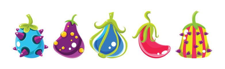 Colorful Fantasy Juicy Fruit with Stem Vector Set