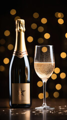 Luxury champagne bottle and glass against bokeh lights on background.