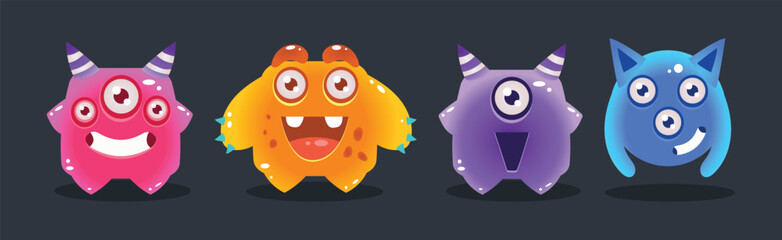 Cute Colorful Jelly Monster and Funny Aliens Vector Set