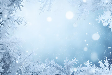 christmas background with snowflakes, snow covered tree branches, copy space to use as mockup