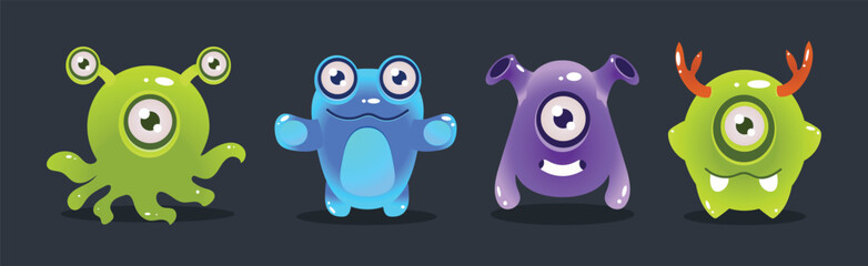 Cute Colorful Jelly Monster and Funny Aliens Vector Set
