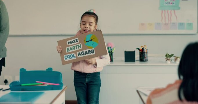 Presentation, poster for sustainability and a student girl in a classroom for eco friendly education on earth day. School, recycle and kids with a female child learning about climate change in class