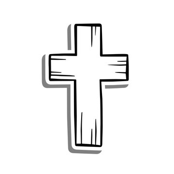 Wood Cross Outline on white silhouette and gray shadow. Hand drawn cartoon style. Vector illustration for decorate and any design.