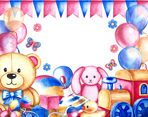 Obraz na płótnie Canvas A frame with children's toys. A ball and a spinning top, cubes and a teddy bear, a train and much more. Handmade watercolor illustration. For children's greeting and invitation cards, flyers, packages