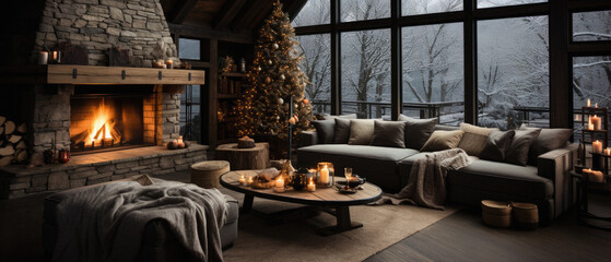 Cozy living room with fireplace and christmas tree, panorama.