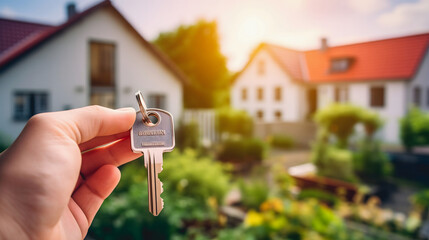 Une main tenant une clé devant une maison avec un jardin ensoleillé en arrière-plan.