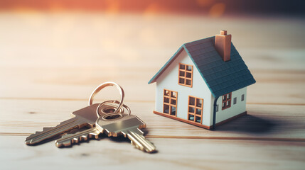 Une maison avec un trousseau de clés sur un une table en bois, évoquant la propriété et l'investissement en immobilier. - obrazy, fototapety, plakaty