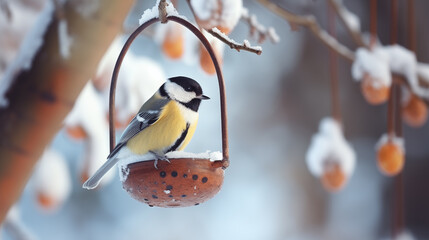 A tit sits on a feeder in winter. - obrazy, fototapety, plakaty