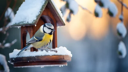 Tuinposter A tit sits on a feeder in winter. © Анастасия Козырева