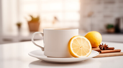 A cup of tea with lemon on the table in the kitchen. - obrazy, fototapety, plakaty