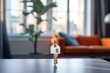 Key to the new home on background of room. Concept of rent, mortgage, investment, real estate and own property