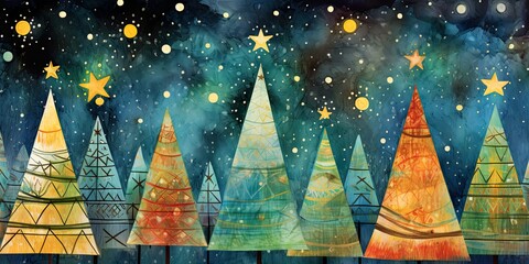 Colorful Christmas trees, watercolor card for children. Stars in the night sky. Cold seasonal greetings.