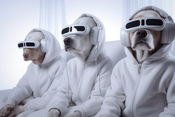 Dogs Watching a Movie on the Couch with VR Virtual Reality Headsets. Human-Like Anthropomorphic Animal Character.