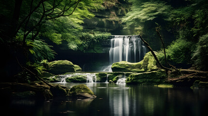 Fototapeta premium Charming Secluded Waterfall Hidden in a Verdant Forest, Enhanced with Soft and Muted Tones to Evoke a Serene and Enigmatic Atmosphere