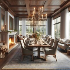 A dining room with a long table, comfortable chairs, and a cozy fireplace.