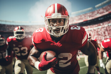 American football player with ball close-up in action in stadium under background light. Athletic, proud football player in a helmet and T-shirt is ready to play.