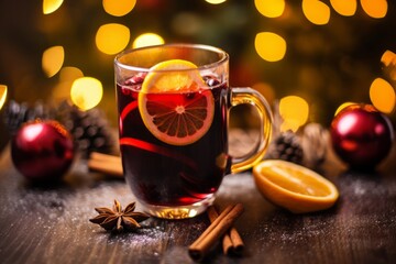 Christmas Glass Cup of Mulled Wine on a Table with Red Baubles, Spices, and Lemon Slices Against Blurred Background with Lights