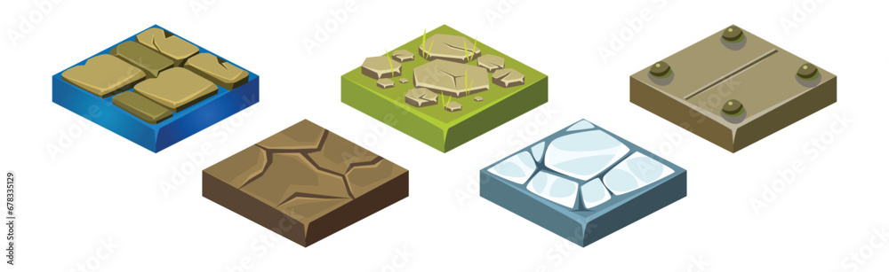 Poster ground textures game surface and platform square isometric vector template set