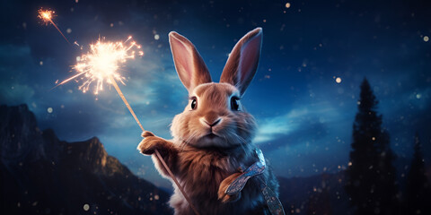 magic rabbit in the night, Bunny Magic,  rabbit playing with fireworks, generative AI
