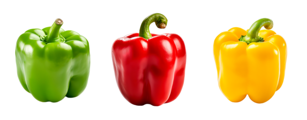 Set of red, green and yellow bell peppers over isolated transparent background