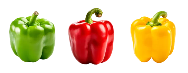 Fototapeten Set of red, green and yellow bell peppers over isolated transparent background © Pajaros Volando