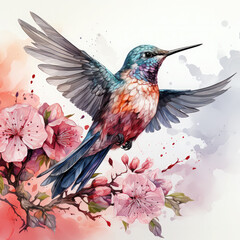 Watercolor Hummingbird and Flowers Sublimation Clipart illustration Generative Ai