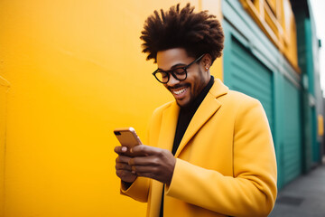 Happy man portrait with yellow lifestyle background (AI generated)