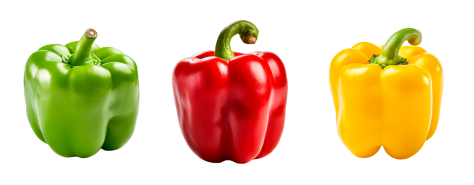 Set of red, green and yellow bell peppers over isolated transparent background