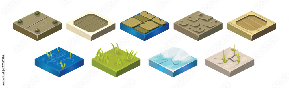Poster ground textures game surface and platform square isometric vector template set