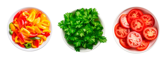 Top view of bowls full of chopped bell peppers, parsley and sliced tomatoes over isolated transparent background