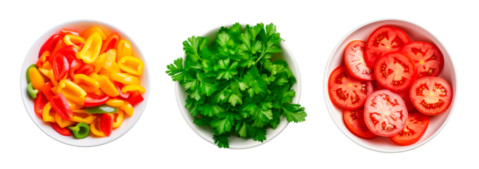 Top view of bowls full of chopped bell peppers, parsley and sliced tomatoes over isolated transparent background
